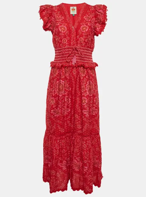 Farm Rio Red Floral Print Cotton Ruffle Maxi Dress M