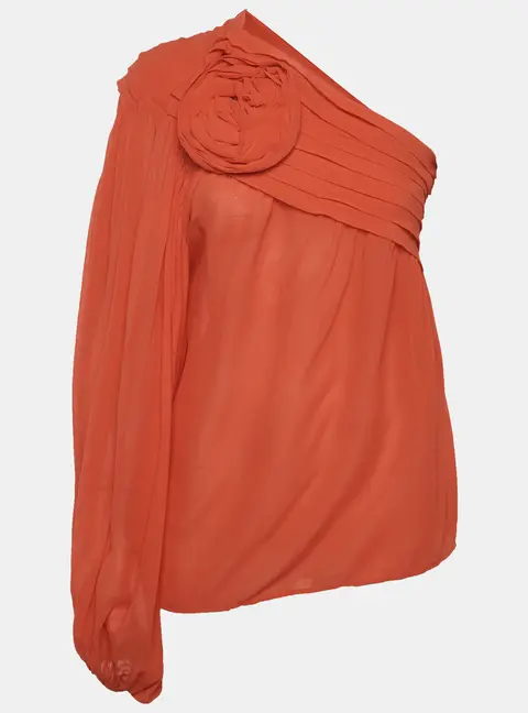 Farm Rio Orange Georgette Rose Applique One Shoulder Top M