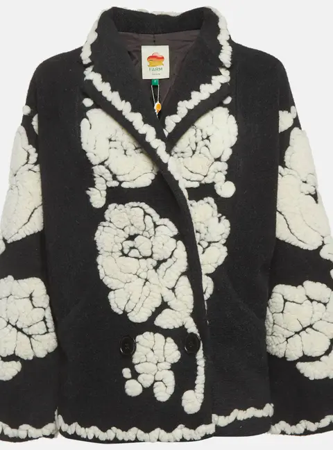 Farm Rio Black & White Floral Fleece Wool Blend Jacket S