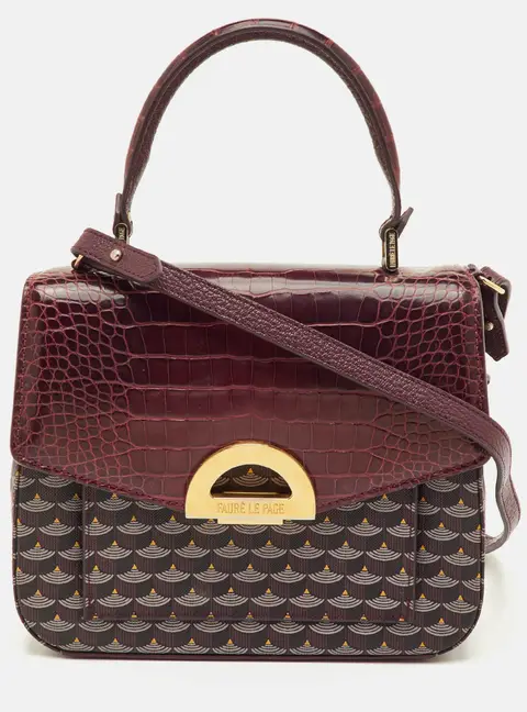 Faure Le Page Burgundy Coated Canvas and Croc Embossed Leather Top Handle Bag