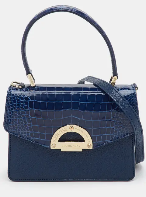 Faure Le Page Parade Blue Croc Embossed Leather and Leather Top Handle Bag