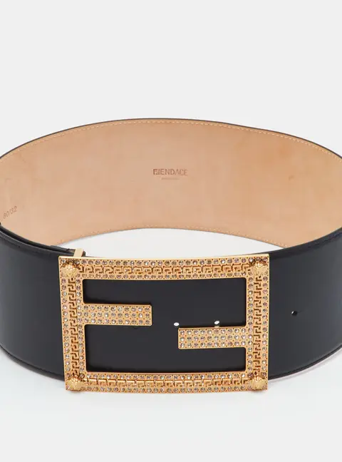 Fendi 80CM Black Leather Fendace Crystal Embellished Wide Belt