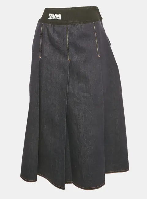 Fendi Navy Blue Denim Pleated Midi Skirt S