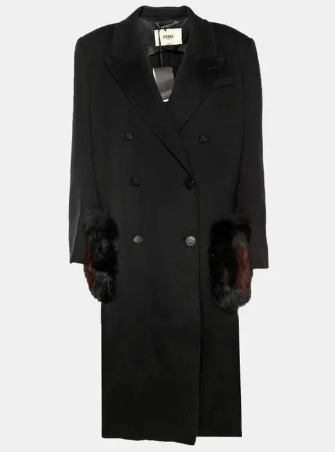 Fendi Black Wool and Fox Fur Trim Double Breasted Midi Coat L