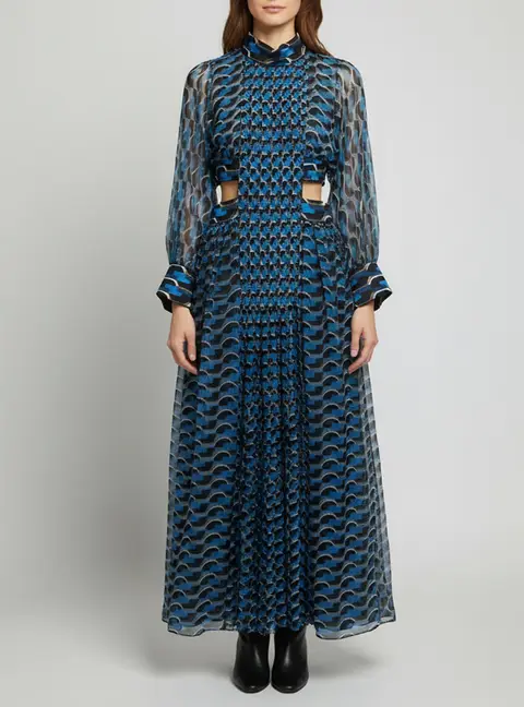 Fendi Blue/Black Broken Circle Print Chiffon Sheer Cut-Out Maxi Dress M