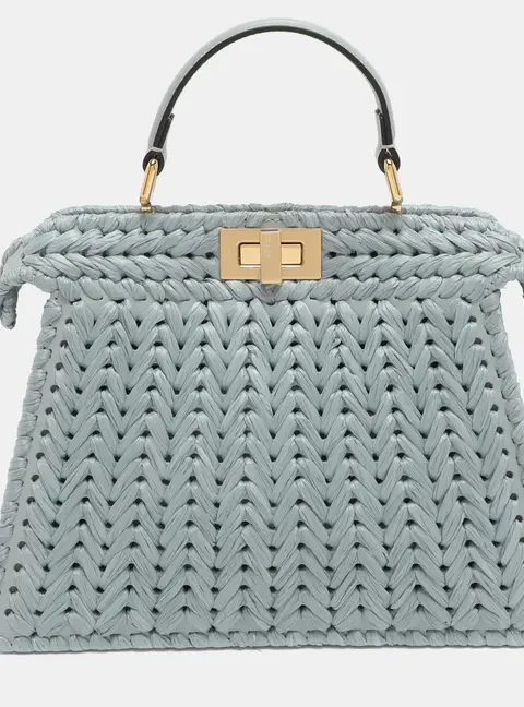 Fendi Peekaboo Iseeu Small Blue Woven Straw Top Handle Bag