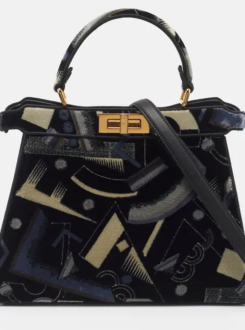 Fendi Peekaboo ISeeU Medium Navy Blue Printed Velvet Top Handle Bag