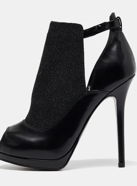 Fendi Black Leather and Glitter Peep Toe Platform Booties Size 38