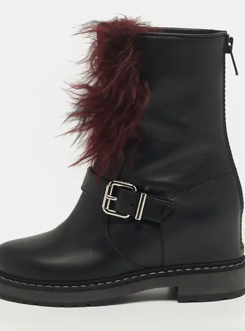 Fendi Caroline Size 35 Black Leather and Fur Combat Boots