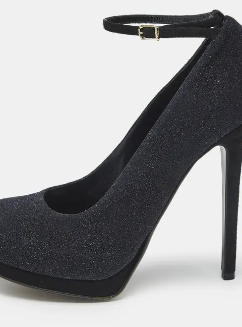 Fendi Black Glitter Suede Ankle Strap Platform Pumps Size 40