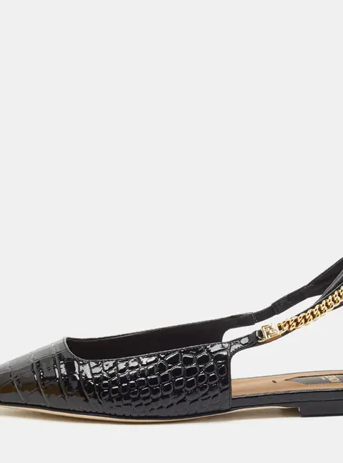 Fendi Colibri Lite Size 39 Black Croc Embossed Leather Slingback Flat Sandals