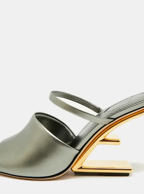 Fendi First Size 38 Metallic Grey Leather Slide Sandals