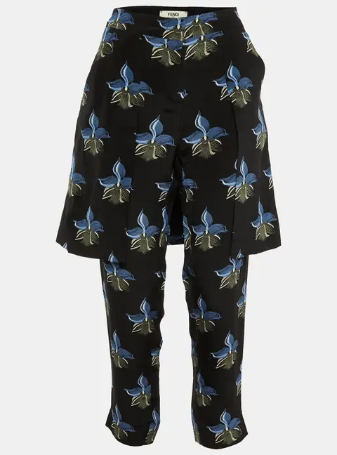 Fendi Black Floral Print Silk Overlay Trousers S