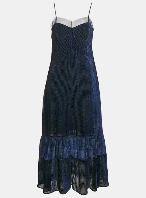 Fendi Navy Blue Diagonal Stripe Velvet Flounce Long Dress S