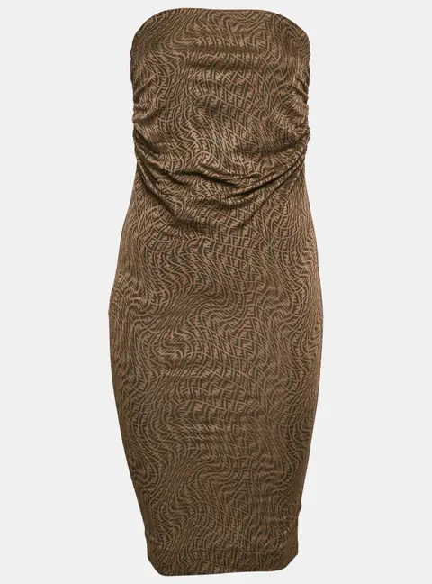 Fendi Brown Monogram Jacquard Knit Ruched Midi Dress S