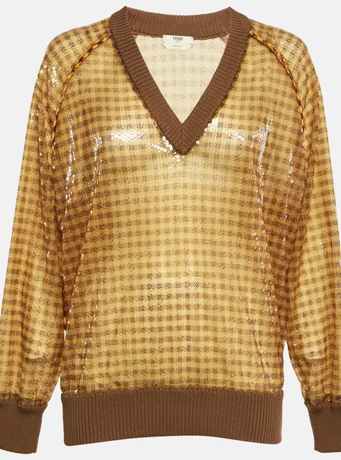 Fendi Yellow Vichy Sequin V-Neck Sweatshirt S