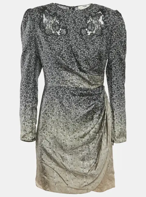 Fendi Black Floral Print Fading Silk Lace Trim Mini Dress S