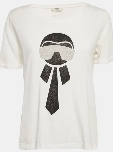 Fendi White Metallic Karlito Applique Cotton T-Shirt S