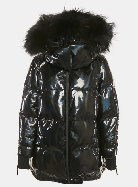 Fendi Black Holographic Synthetic Quilted Down Detachable Fur Jacket S