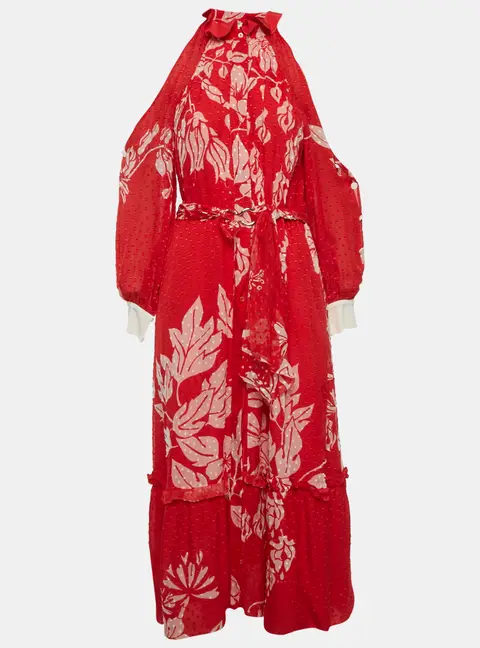 Fendi Red Floral Print Brocade Mock Neck Maxi Dress S