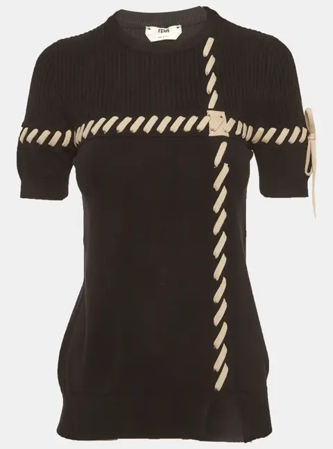 Fendi Black Rib Knit Lace-Up Top S