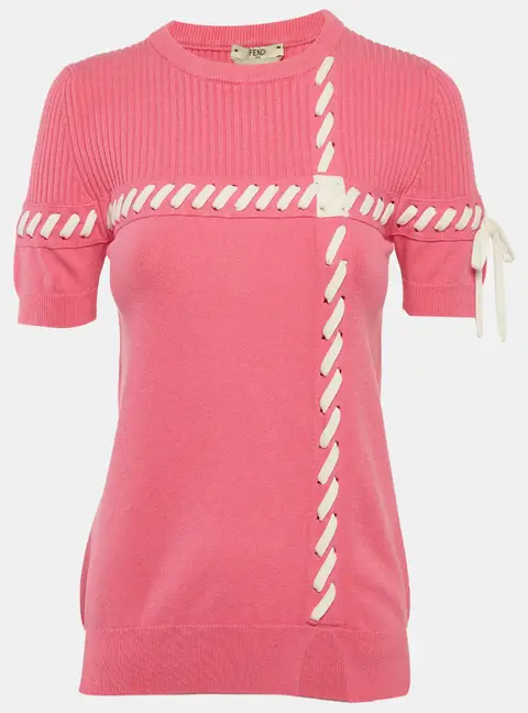 Fendi Pink Rib Knit Lace-Up Top S
