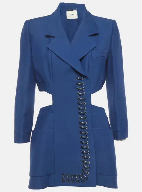 Fendi Blue Silk Blend Waist Cut-Out Jacket Dress M