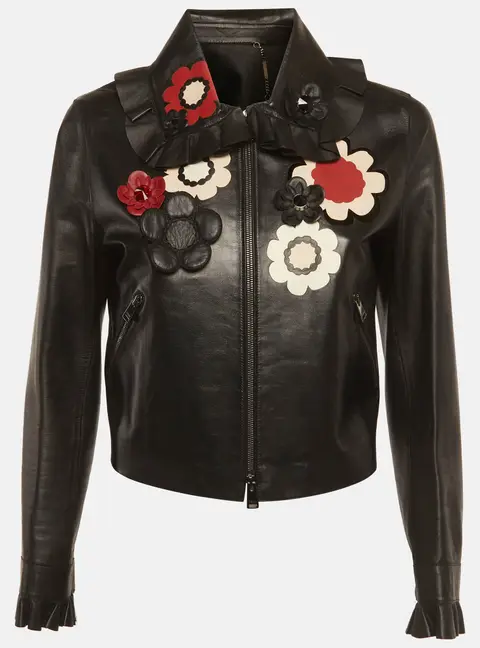 Fendi Black Floral Embellished Leather Biker Jacket M
