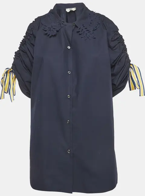 Fendi Navy Blue Cotton Scrunched Sleeves Shirt M