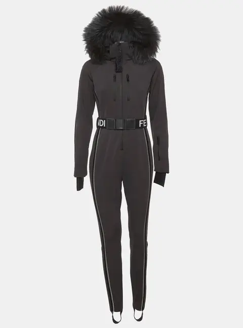 Fendi Grey Jersey Fur Hooded Ski Jumpsuit S