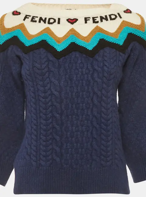 Fendi Blue Cable Knit Intarsia Detail Sweater M