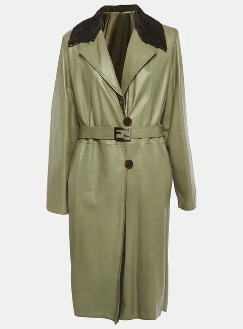 Fendi Vintage Green Leather and Satin Coat M