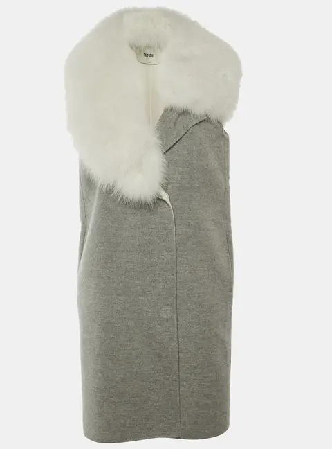 Fendi Grey Cashmere Fox Fur Trim Sleeveless Coat S