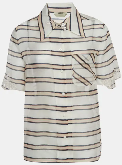 Fendi White/Beige Striped Palm Embroidered Short Sleeve Shirt S