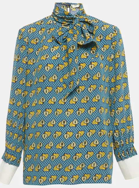 Fendi Blue heart Lock Printed Silk Neck Tie Detail Top M