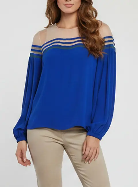 Fendi Blue Mesh Illusion Neck Crepe De Chine Blouse S