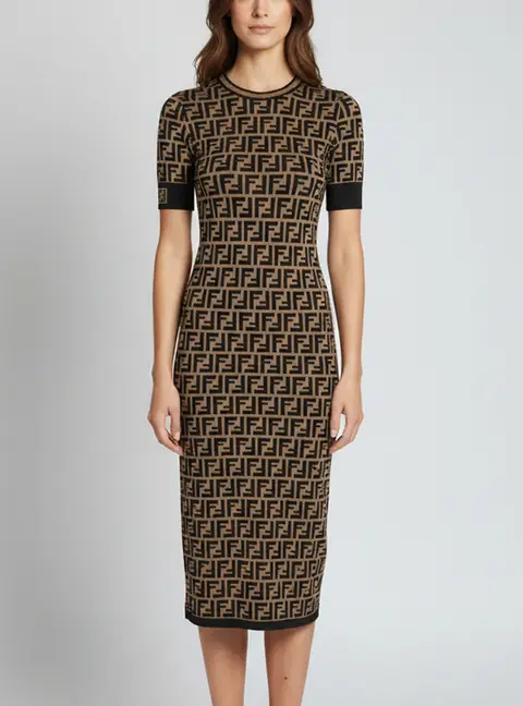 Fendi Brown/Black Zucca Monogram Intarsia Knit Midi Dress S