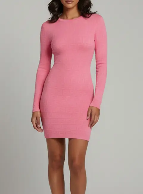 Fendi Pink Zucca Pattern Knit Crewneck Mini Dress XS