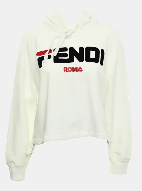 Fendi White Cotton  x Fila 2018 Cropped Logo Hoodie