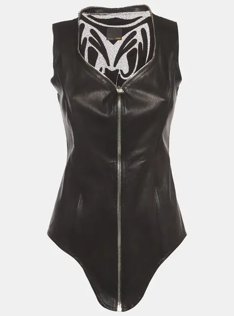 Fendi Black Leather and Mesh Sleeveless Full-Zip Bodysuit Top S