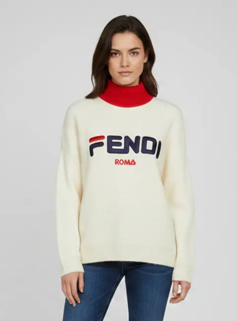Fendi X Fila Cream Logo Embroidered Knit Oversized Pullover M