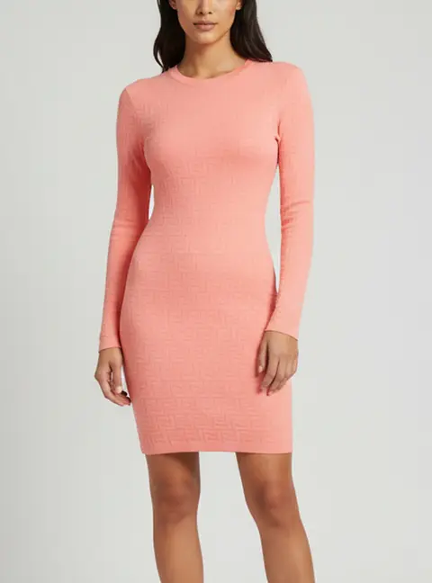 Fendi Pink Zucca Jacquard Knit Long Sleeve Mini Dress S