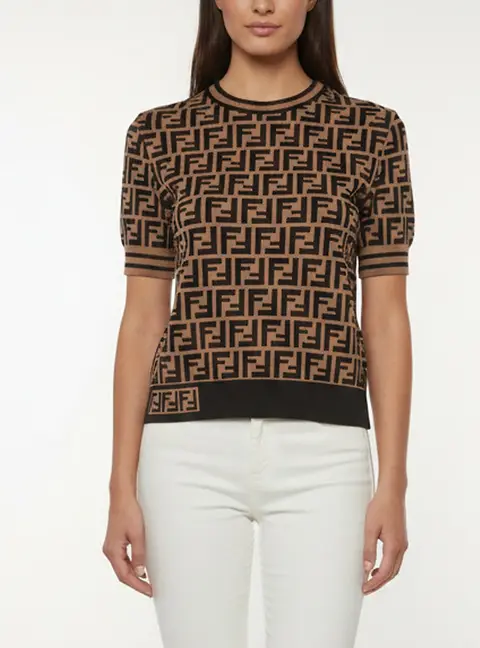 Fendi Brown/Black Zucca Jacquard Knit Short Sleeve Jumper S
