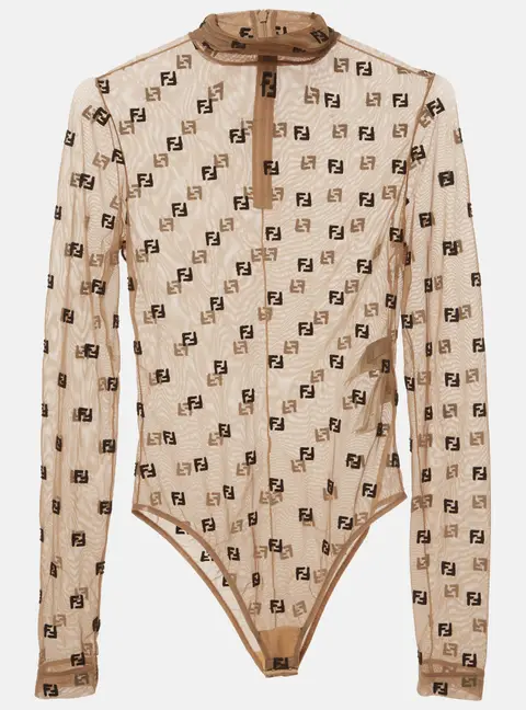 Fendi Beige FF Embroidered Stretch Tulle Turtle Neck Bodysuit XS