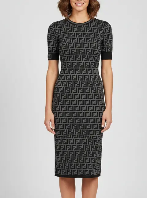 Fendi Black/Grey Zucca Monogram Intarsia Knit Midi Dress S