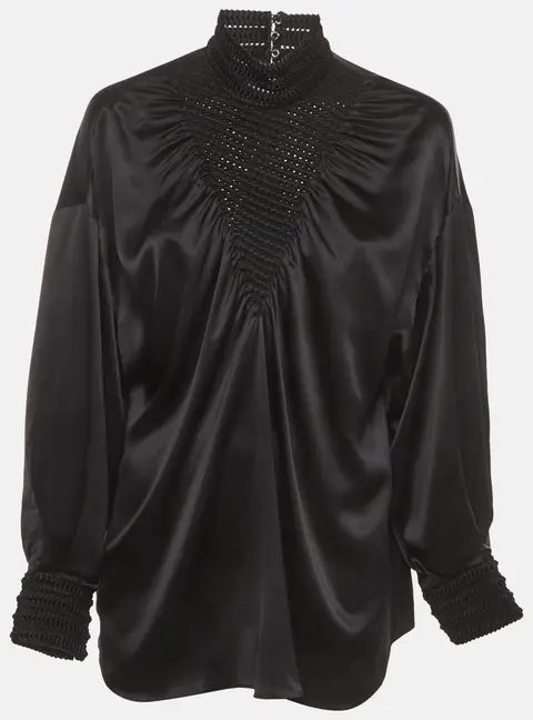 Fendi Black Satin Smocked Neck Detail Long Sleeve Blouse M