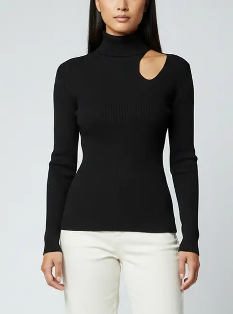 Fendi Black Rib Knit Cut-Out Mock Neck Top S