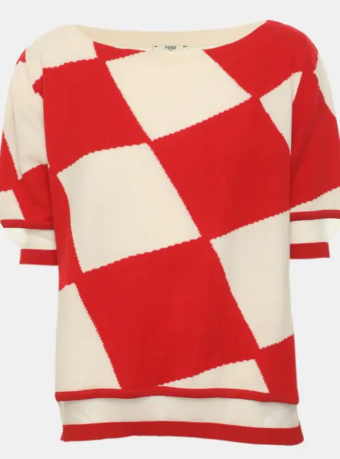 Fendi Red/Off White Knit Half Sleeve Sweater M