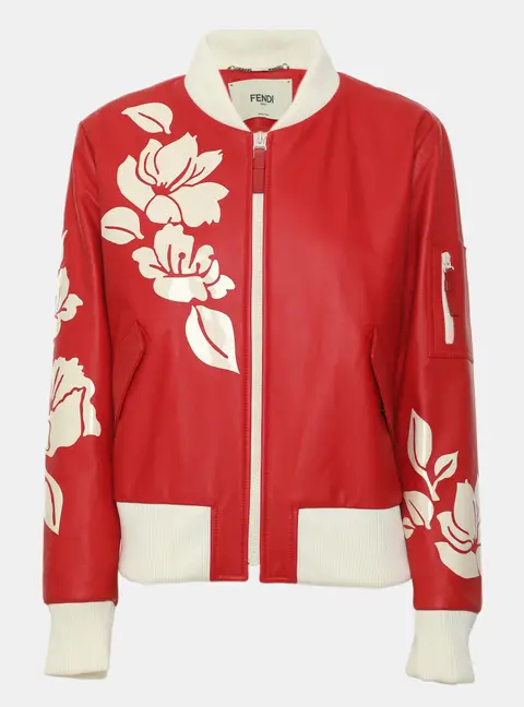 Fendi Red Leather Floral Applique Bomber Jacket M