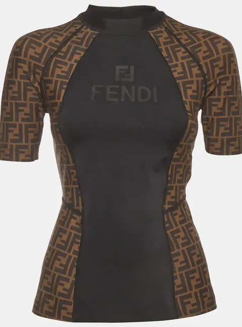 Fendi Black FF Motif Paneled Jersey Mock Neck Performance T-Shirt S